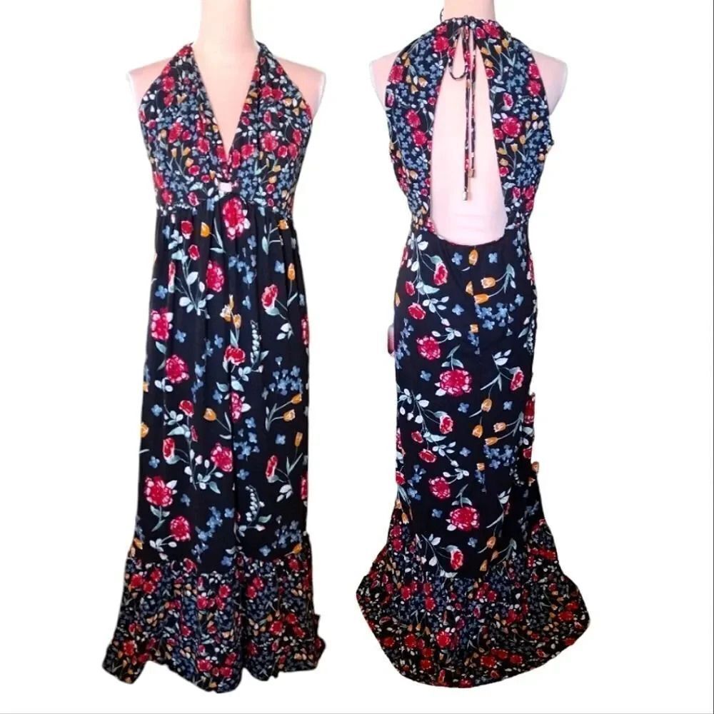 Derek Heart Vibrant Floral Maxi Dress - Black, Red, Blue